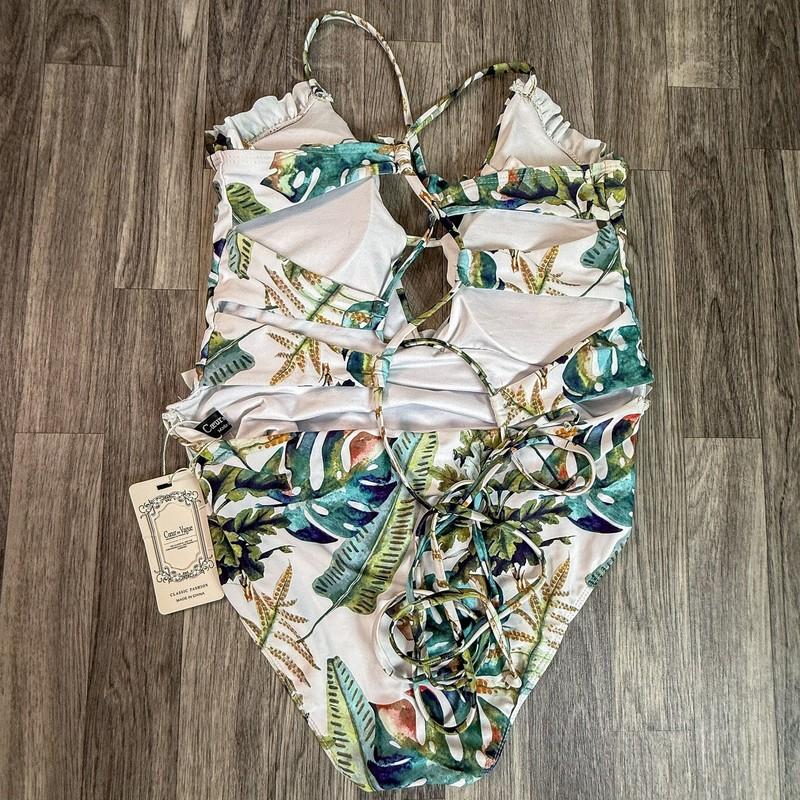 NWT Coeur De Vague Tropical Leaf Print One Piece Swimsuit Large Lace Up Front