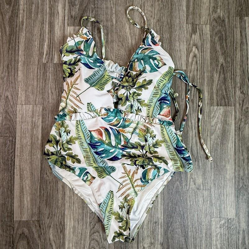 NWT Coeur de Vague Tropical Leaf Print One Piece Swimsuit Large Lace Up Front