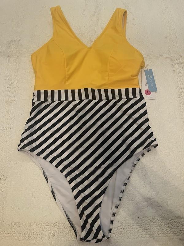 NWT Cupshe Women’s V-Neck and Striped Bottom One-Piece Yellow Swimsuit Size L