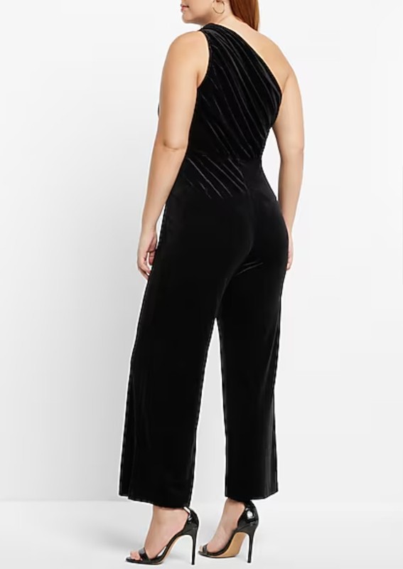 NWT Express Size L One Shoulder Wide Leg Jumpsuit Black Pleated Tie $88