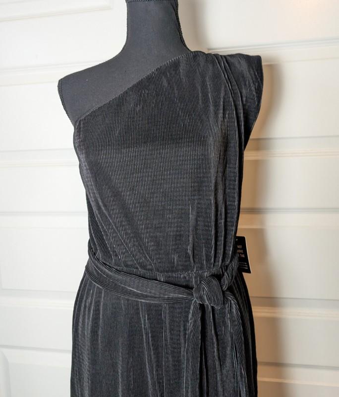 NWT Express Size L One Shoulder Wide Leg Jumpsuit Black Pleated Tie $88