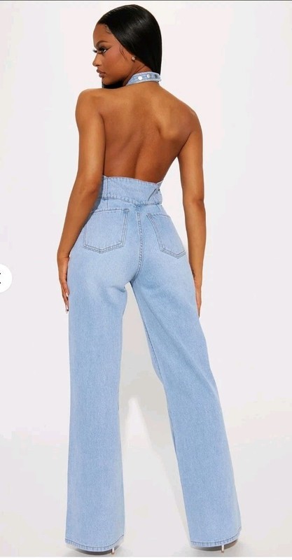 NWT Fashion Nova Women's S "OH SO ICY EMBELLISHED" Light Wash Denim Jumpsuit OB