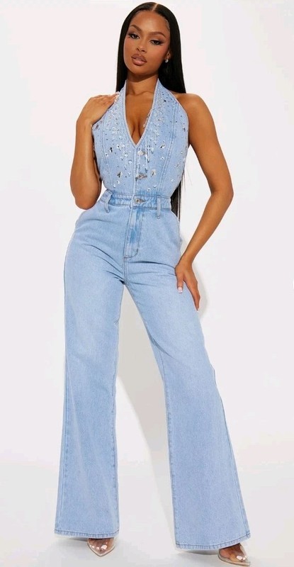 NWT Fashion Nova Women's S "OH SO ICY EMBELLISHED" Light Wash Denim Jumpsuit OB