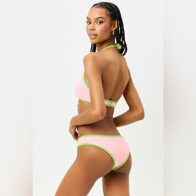 NWT Frankie’s Bikinis Sawyer Terry Halter Bikini Top Pink Green Size XS