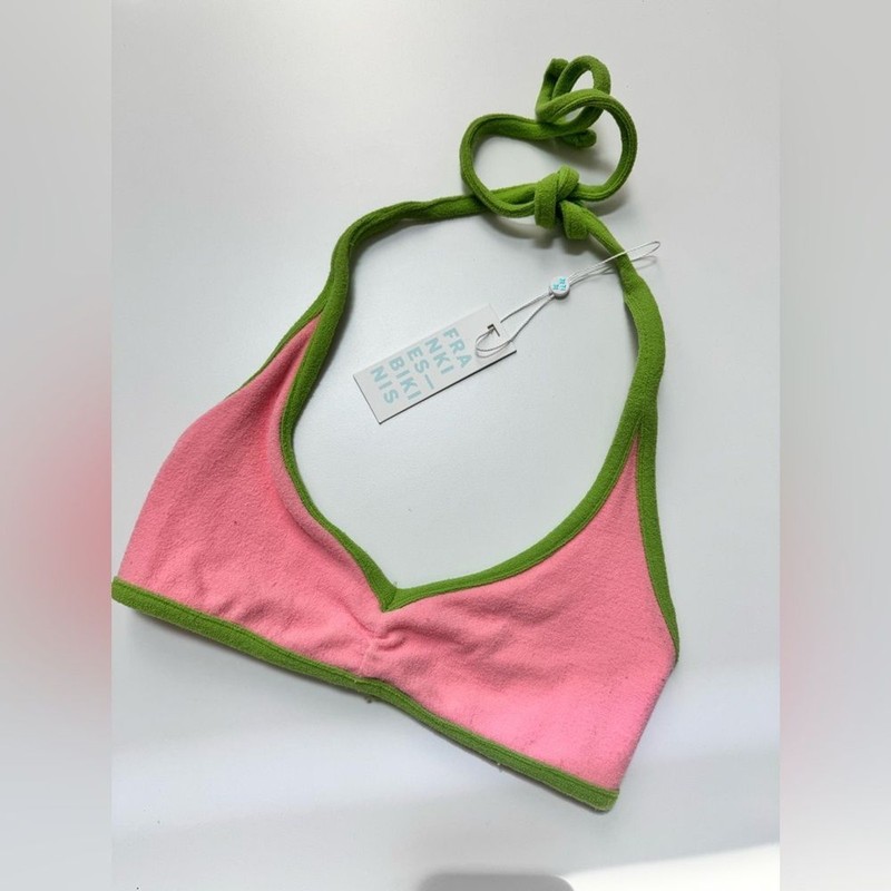 NWT Frankie’s Bikinis Sawyer Terry Halter Bikini Top Pink Green Size XS