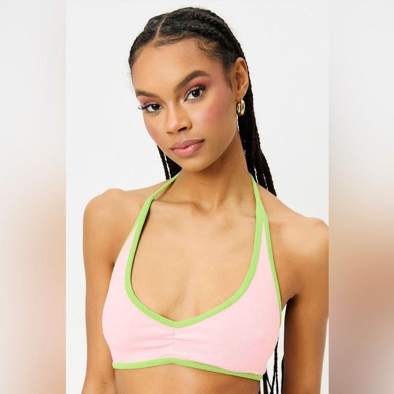NWT Frankie’s Bikinis Sawyer Terry Halter Bikini Top Pink Green Size XS