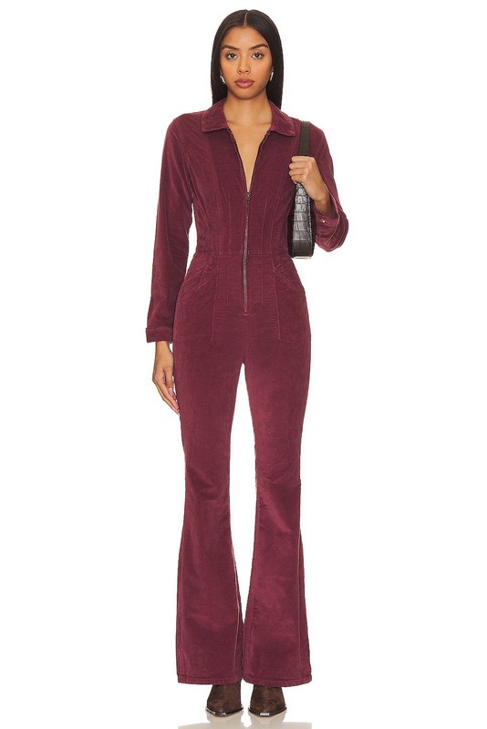 NWT Free People We The Free Jayde Cord Flare Jumpsuit Cordovan/Wine Size Large