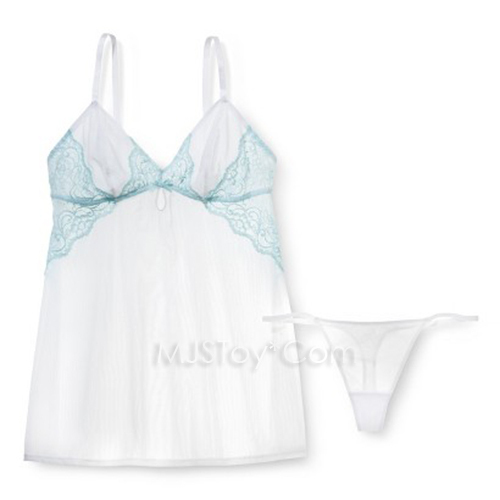 NWT Gilligan & O‘Malley Women‘s Babydoll & Thong White Blue Lace SEXY lingerie
