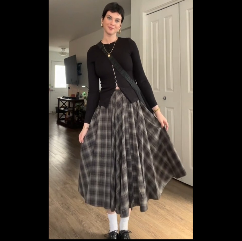 NWT H&M A/W 2025 Cotton Circle Skirt Dark Gray /Plaid 1307335001 Sz 6 8 10 12 14