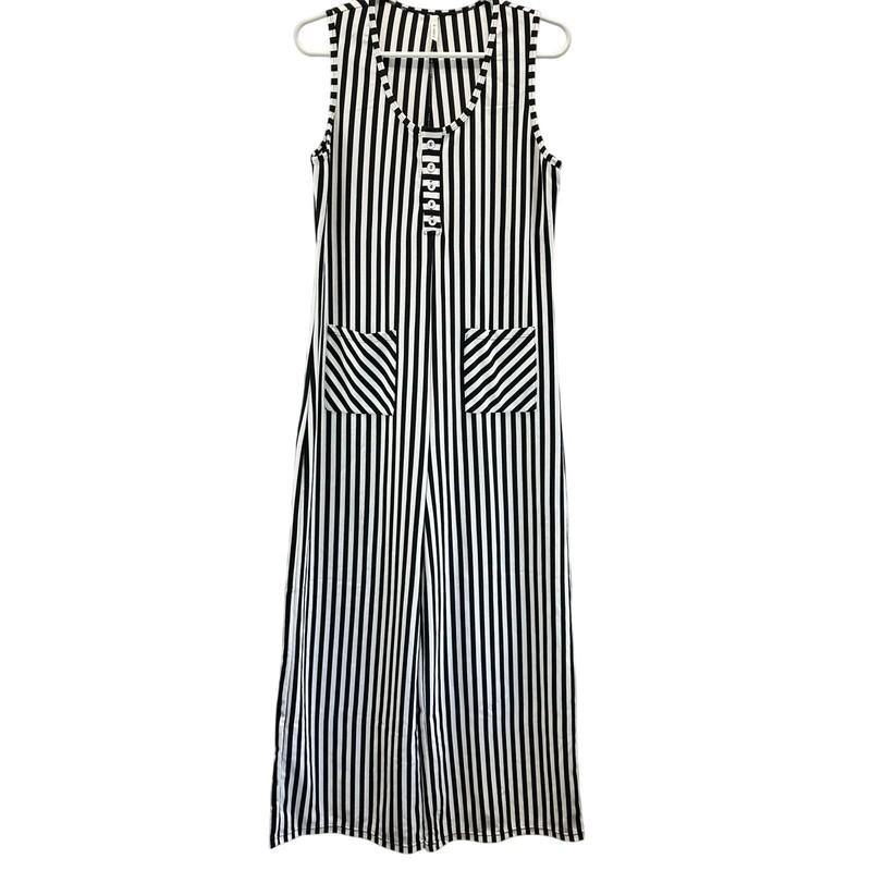 NWT Halara U-Neck Sleeveless Stripe Waffle Casual Jumpsuit Pockets Black White M