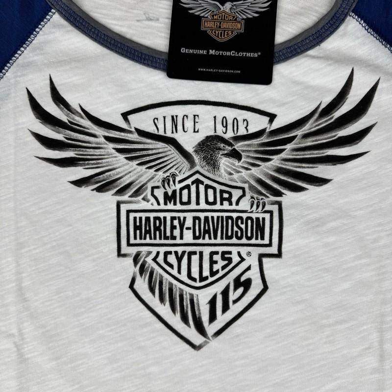 NWT Harley Davidson Shirt Womens SMALL White Blue Reglan Motorcycle 115 Years