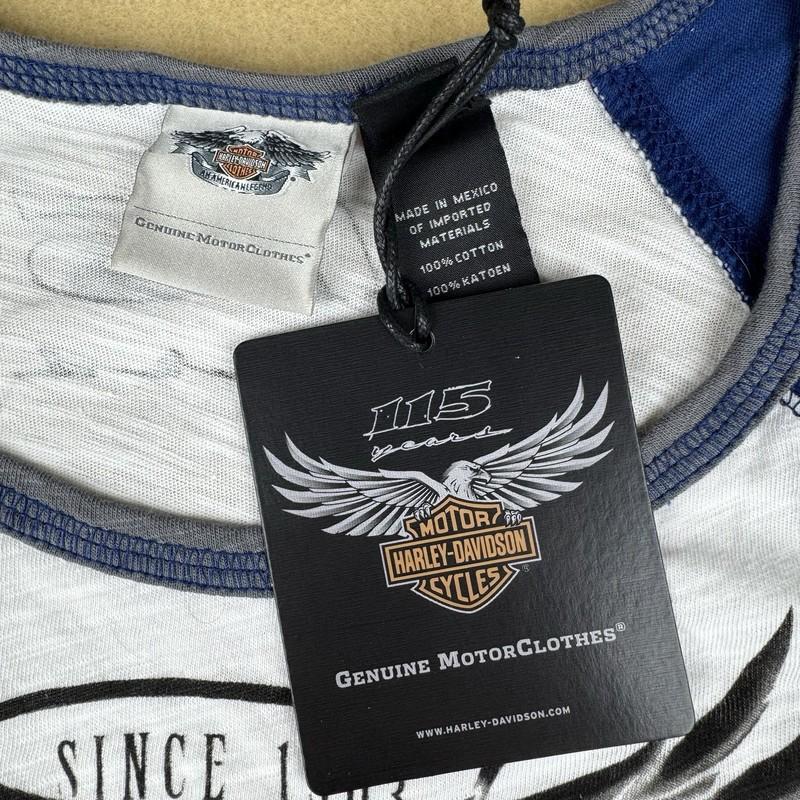 NWT Harley Davidson Shirt Womens SMALL White Blue Reglan Motorcycle 115 Years