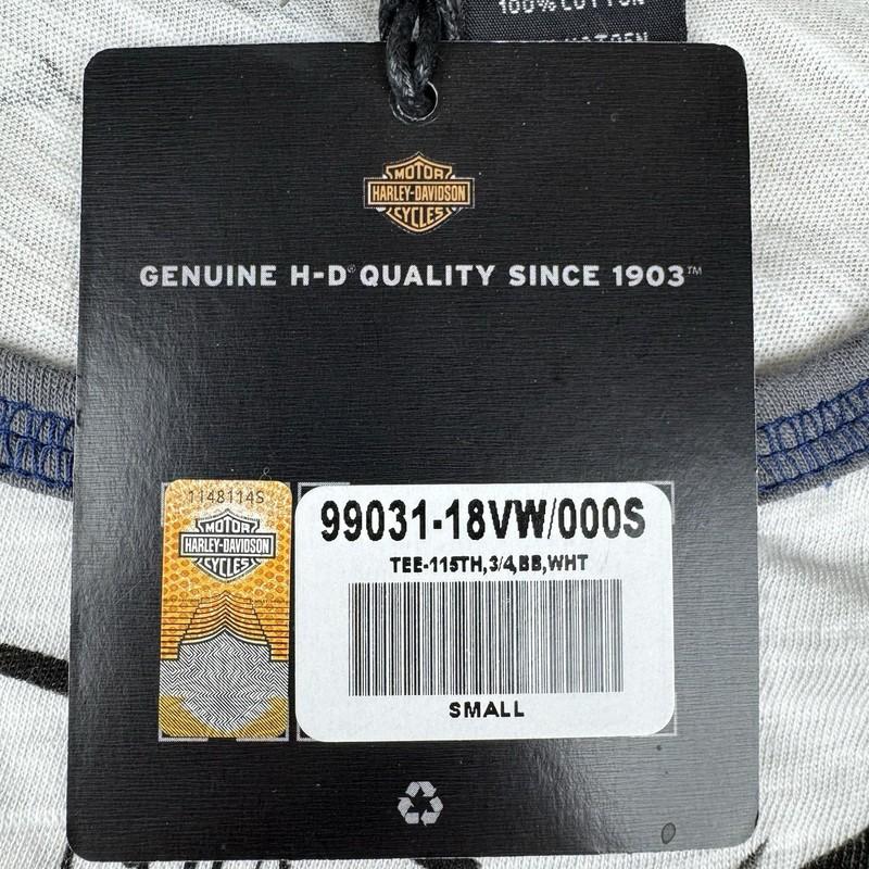 NWT Harley Davidson Shirt Womens SMALL White Blue Reglan Motorcycle 115 Years