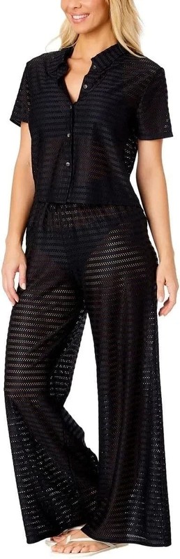 NWT Hurley Swim Cover Up Lightweight Crochet 2-Piece Set Black Large Pants Top