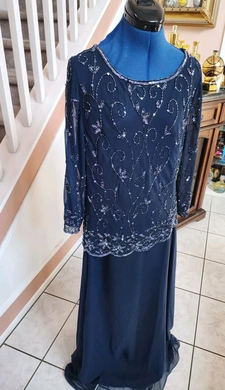 NWT JKARA Blue Sequin Mock 2pc Long Sleeve Long Party Dress Sz 16 $259