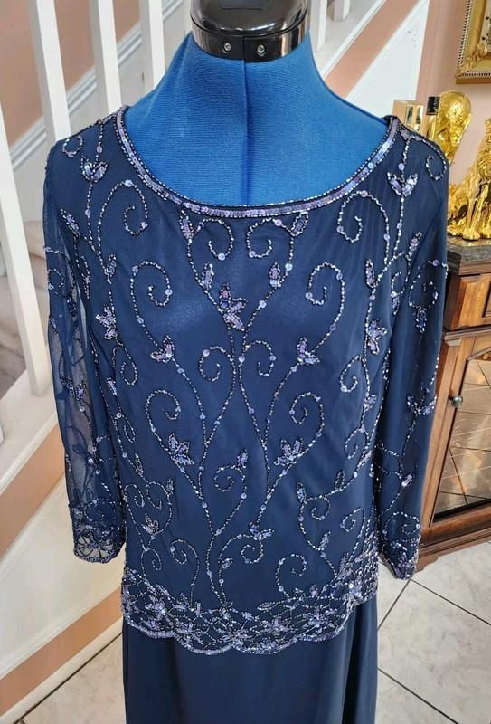 NWT JKARA Blue Sequin Mock 2pc Long Sleeve Long Party Dress Sz 16 $259