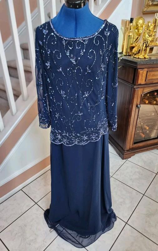 NWT JKARA Blue Sequin Mock 2pc Long Sleeve Long Party Dress Sz 16 $259