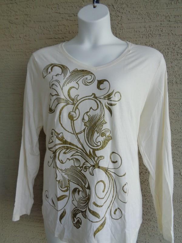 NWT Just My Size 3X Light Weight L/S V Neck Glitzy Graphic Tee Top Chalk White