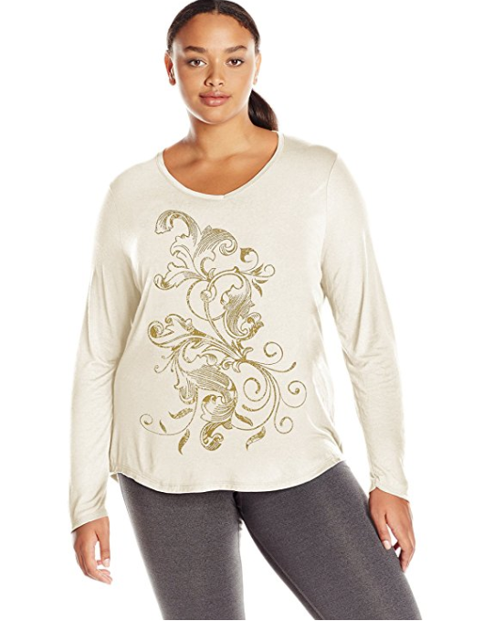 NWT Just My Size 3X Light Weight L/S V Neck Glitzy Graphic Tee Top Chalk White
