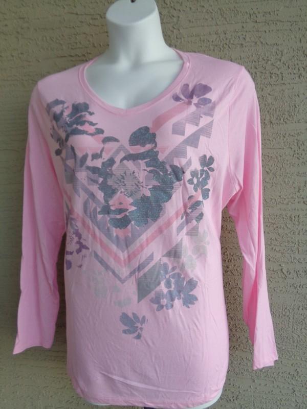NWT Just My Size 4X Light Weight L/S V Neck Glitzy Graphic Tee Top Paleo Pink