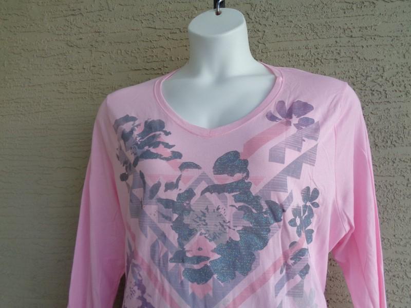 NWT Just My Size 4X Light Weight L/S V Neck Glitzy Graphic Tee Top Paleo Pink