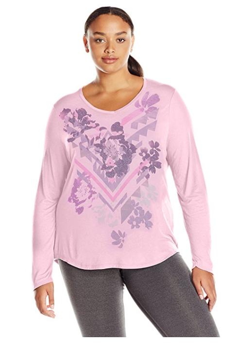 NWT Just My Size 4X Light Weight L/S V Neck Glitzy Graphic Tee Top Paleo Pink