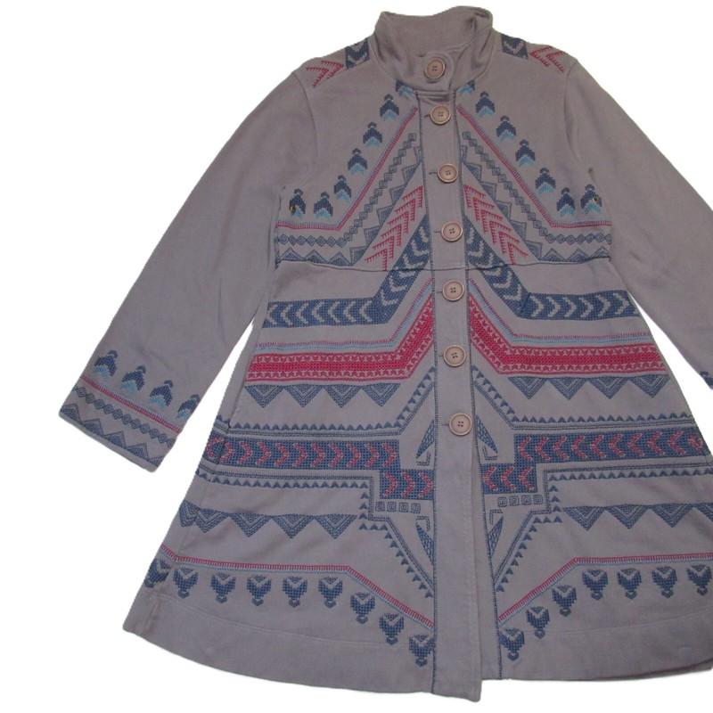 NWT JWLA Johnny Was Embroidered Coat In Gray French Terry Cotton Jacket L