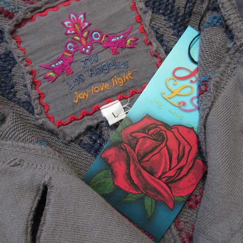 NWT JWLA Johnny Was Embroidered Coat In Gray French Terry Cotton Jacket L