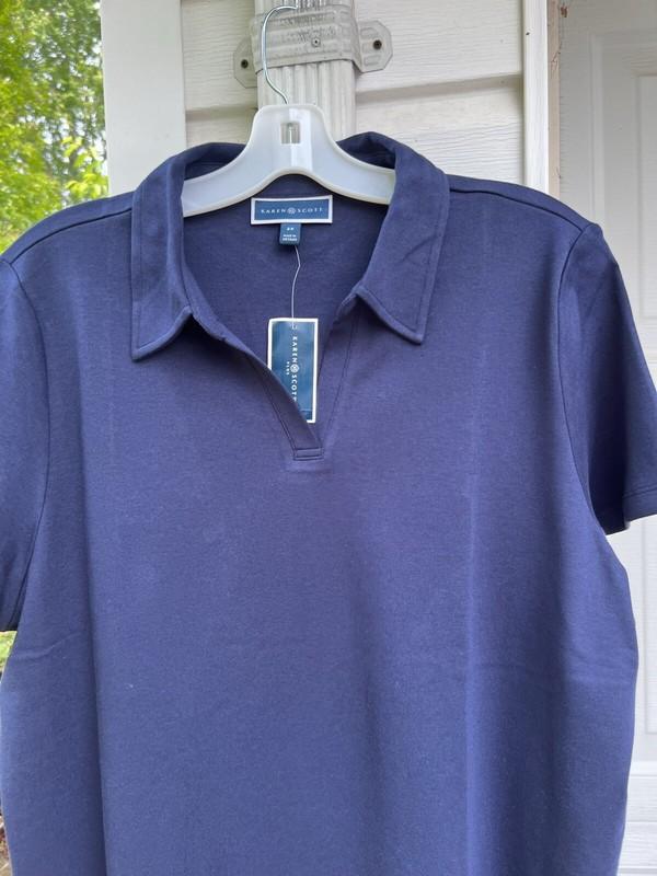 NWT Karen Scott Classic Navy Collared V-Neck Short Sleeve Cotton Top 2X