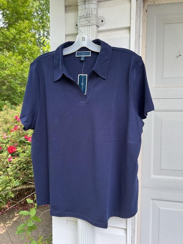 NWT Karen Scott Classic Navy Collared V-Neck Short Sleeve Cotton Top 2X