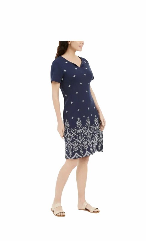 NWT Karen Scott WOMENS Embroidered Split-Neck Dress In Intrepid Blue P2700