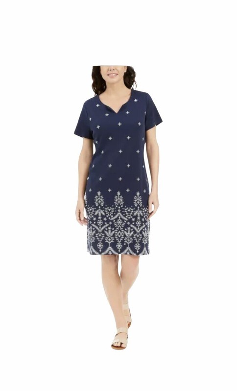 NWT Karen Scott WOMENS Embroidered Split-Neck Dress In Intrepid Blue P2700