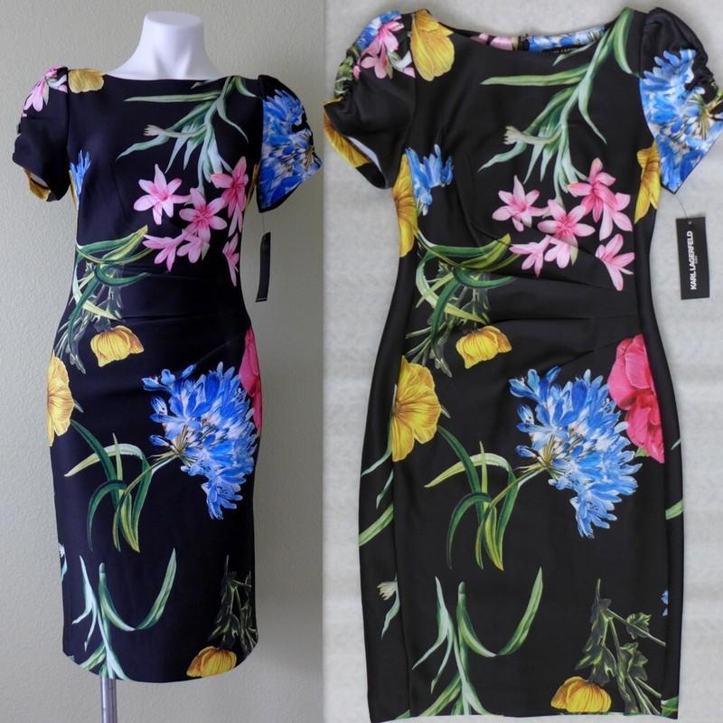 NWT KARL LAGERFELD Short Ruched Sleeve Jewel Neck Sheath Dress Sizes 2/4 BLACK