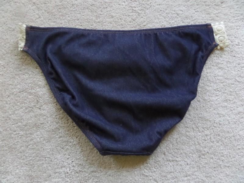 NWT Kenneth Cole Crochet-Trim Denim Bikini Bottom Size L Blue Cream Sexy Hot