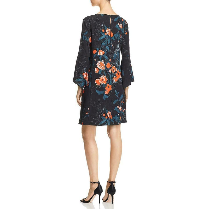 NWT Lafayette 148 Floral Bell Sleeve Shift Dress In Black/Multi - Size S #D2999