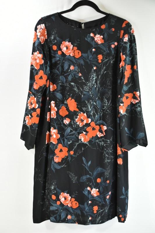 NWT Lafayette 148 Floral Bell Sleeve Shift Dress In Black/Multi - Size S #D2999
