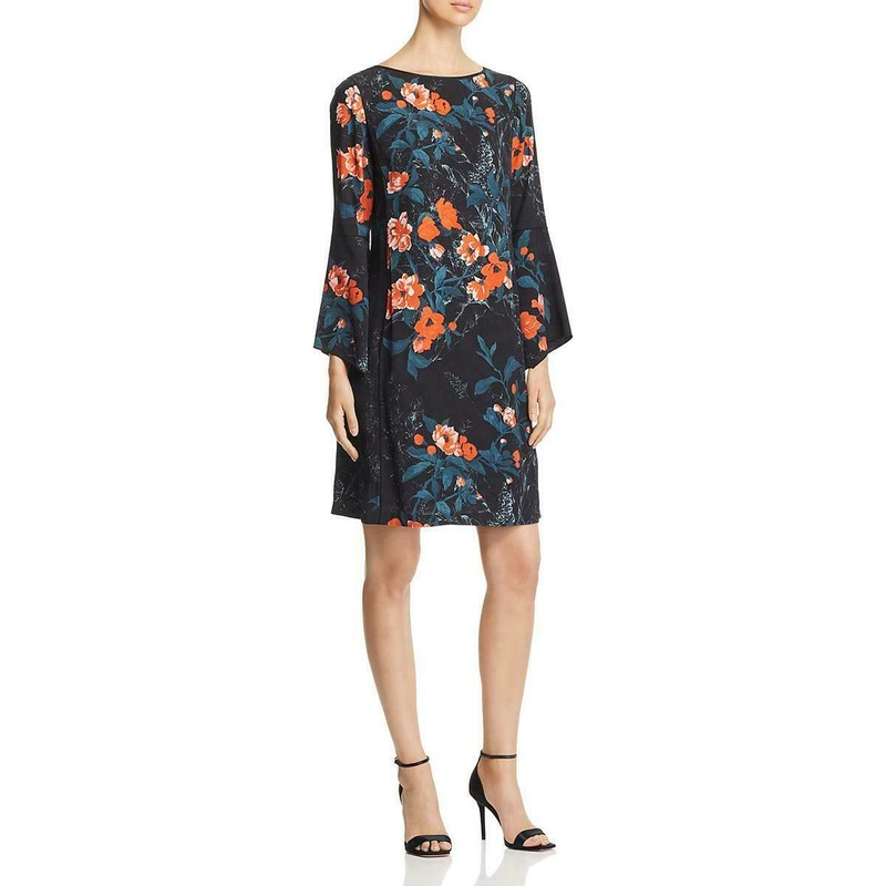 NWT Lafayette 148 Floral Bell Sleeve Shift Dress in Black/Multi - Size S #D2999