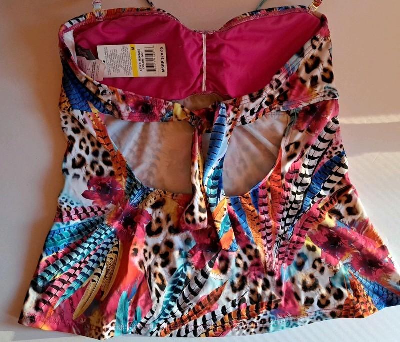 NWT Large Kenneth Cole Reaction Feather Floral Animal Print Halter Tankini Top