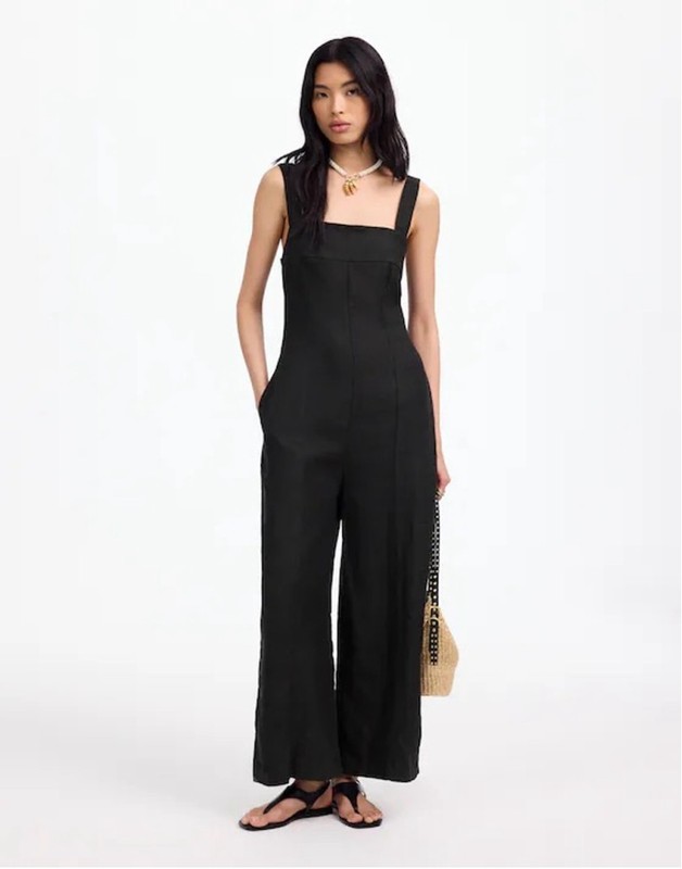 NWT Madewell Squareneck Wide-Leg Jumpsuit In 100% Linen In Black Size 2 NV445