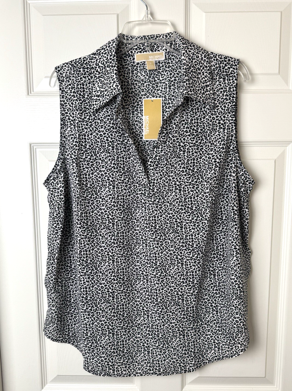 NWT Michael Kors Plus 1x Sleeveless Blouse Top V-Neck Leopard Bone/Black $98