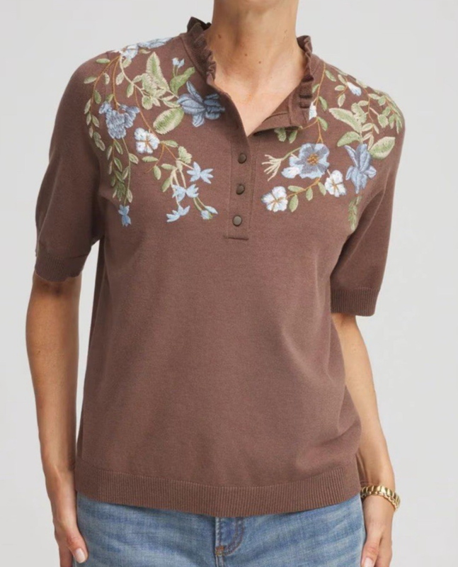 NWT NEW CHICO'S FALL SZ 1 / MEDIUM 8-10 EMBROIDERED HENLEY SWEATER BROWN $119.50