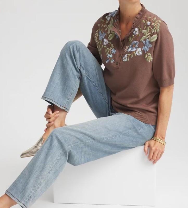 NWT NEW CHICO'S FALL SZ 1 / MEDIUM 8-10 EMBROIDERED HENLEY SWEATER BROWN $119.50