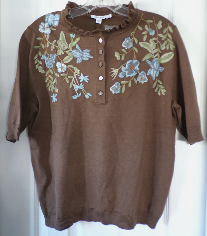 NWT NEW CHICO'S FALL SZ 1 / MEDIUM 8-10 EMBROIDERED HENLEY SWEATER BROWN $119.50