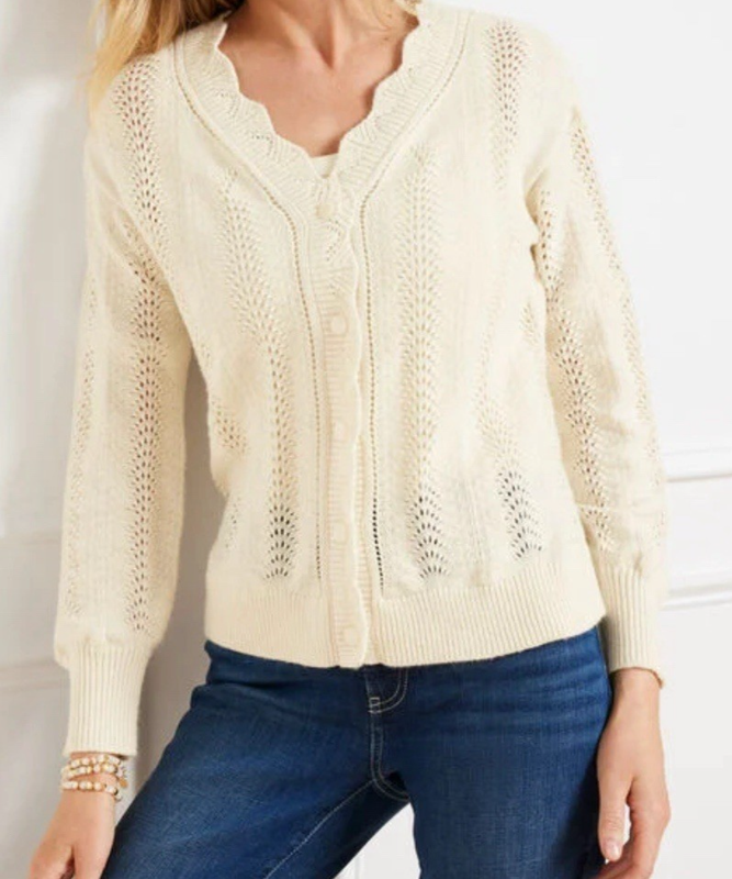 NWT NEW FALL TALBOTS MEDIUM POINTELLE STITCH CARDIGAN SWEATER IVORY $99.50