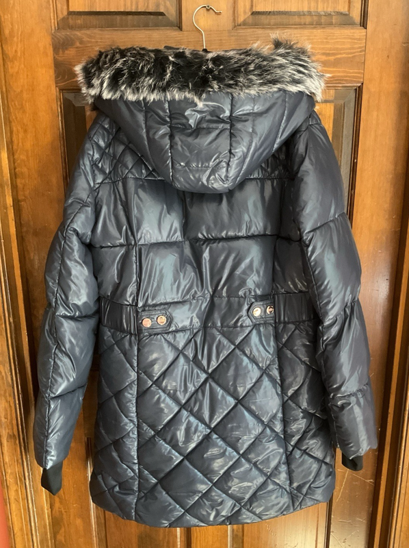 NWT Nicole Miller Studio Women's Sz XL Navy Blue Puffer Coat W/Faux Fur Hood