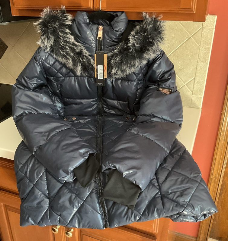 NWT Nicole Miller Studio Women's Sz XL Navy Blue Puffer Coat W/Faux Fur Hood