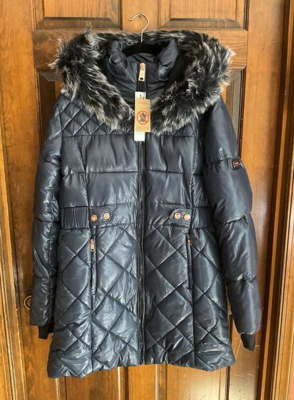 NWT Nicole Miller Studio Women's Sz XL Navy Blue Puffer Coat w/Faux Fur Hood