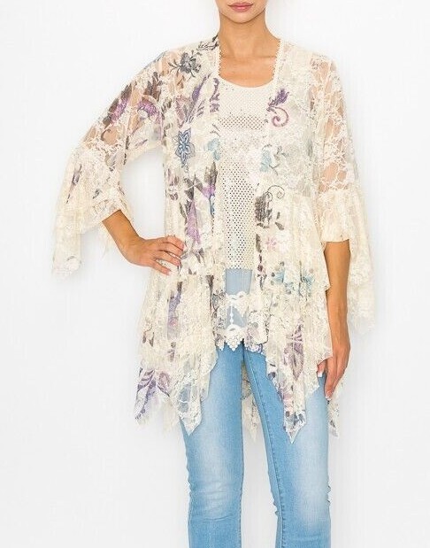NWT ORIGAMI cardigan LACE BOHEMIAN WESTERN shark bite floral WRAP SM-4XL KIMONO