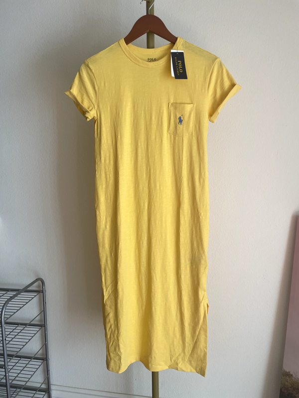 NWT Polo Ralph Lauren Womens Embroidered Logo Split T-Shirt Dress Yellow XS