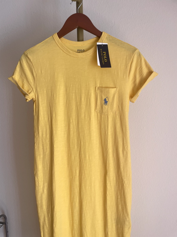 NWT Polo Ralph Lauren Womens Embroidered Logo Split T-Shirt Dress Yellow XS